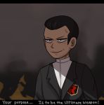  black_hair clothing dialogue digital_media_(artwork) english_text eyelashes giovanni_(pok&eacute;mon) grin hair hi_res human human_only loppifi male mammal nintendo not_furry pale_skin pok&eacute;mon short_hair smile solo suit team_rocket text video_games 