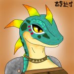  1:1 2019 anthro breasts clothed clothing digital_drawing_(artwork) digital_media_(artwork) female green_scales jose-497 lizalfos lizard nintendo non-mammal_breasts reptile roxanne_(jose-497) scales scalie simple_background skyward_sword solo standing the_legend_of_zelda video_games yellow_eyes 