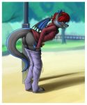  2019 5_fingers anthro black_fur blue_eyes border bottomwear butt clothed clothing day detailed_background digital_media_(artwork) dragon exhibitionism fingers fur furred_dragon hair hi_res hoodie humanoid_penis jeans male masturbation membrane_(anatomy) membranous_wings open_mouth outside pants pants_down partially_clothed penile penile_masturbation penis public public_masturbation red_hair short_hair signature skipsy solo teeth tongue topwear white_border wings 