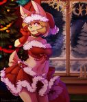  absurd_res anthro christmas christmas_tree clothed clothing female hakkids2 hat headgear headwear hi_res holidays inside lagomorph leporid looking_at_viewer mammal open_mouth rabbit santa_hat solo standing tree 