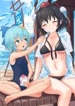  2girls :o :t ^_^ bangs bare_arms bare_legs bare_shoulders barefoot beach bikini black_bikini black_hair black_ribbon blue_bow blue_eyes blue_hair blue_sky blue_swimsuit blush bow breasts cirno closed_eyes cloud collarbone commentary_request day eyebrows_visible_through_hair feeding feet_out_of_frame flower food hair_between_eyes hair_bow hair_flower hair_ornament hat highres holding holding_food ice ice_wings indian_style looking_at_another medium_breasts multiple_girls navel ocean one-piece_swimsuit open_clothes open_mouth open_shirt outdoors pointy_ears pom_pom_(clothes) ribbon roke_(taikodon) shameimaru_aya shaved_ice shirt short_hair short_sleeves sitting sky smile stomach sunflower swimsuit tassel thighs tokin_hat touhou translated white_shirt wings 