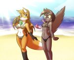  2019 absurd_res amber_eyes anthro beach beverage bikini black_fur blush breasts bubble_tea canid canine cat_ears_(disambiguation) cat_tail clothing dark_fur digital_media_(artwork) domestic_cat duo felid feline felis female fluffy fluffy_tail fox fox_tail freckles fur hair hands-free_bubble_tea hi_res invalid_tag ketirz mammal meme multicolored_fur navel outside red_fur seaside simple_background slit_pupils small_breasts smile swimwear thick_thighs water white_fur yellow_eyes zoe_ire 