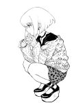  1boy androgynous bob_cut casual choker earrings high_heels jewelry lio_fotia male_focus meme_attire monochrome off_shoulder open-chest_sweater open_mouth promare shirt shorts solo sweater unakura white_background 