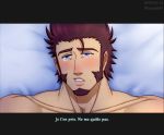  1boy bare_shoulders beard bed blue_eyes blush brown_hair chest commentary_request facial_hair fate/grand_order fate_(series) looking_at_viewer male_focus muscle napoleon_bonaparte_(fate/grand_order) on_bed solo suzuki80 sweatdrop tearing_up teeth 