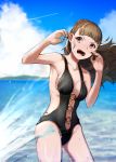  1girl bangs black_nails black_swimsuit blue_sky blunt_bangs blurry blurry_background breasts brown_eyes brown_hair casual_one-piece_swimsuit cleavage cloud collarbone cowboy_shot day floating_hair highres idolmaster idolmaster_cinderella_girls kamiya_nao long_hair nail_polish o-ring o-ring_swimsuit one-piece_swimsuit open_mouth outdoors rerere sideboob sky solo standing swimsuit wading 