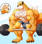  absurd_res anthro bulge canid canine clothed clothing daikitei exercise facial_hair fox goatee hi_res male mammal muscular muscular_male nipples pecs solo standing topless weightlifting workout 