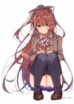  1girl artist_name az_37331m bangs black_legwear blazer blue_skirt blush bow brown_hair closed_mouth collared_shirt commentary_request doki_doki_literature_club eyebrows_visible_through_hair full_body green_eyes hair_between_eyes hair_bow hair_intakes hands_on_own_knees highres jacket long_hair long_sleeves looking_at_viewer monika_(doki_doki_literature_club) neck_ribbon over-kneehighs pleated_skirt ponytail red_ribbon ribbon school_uniform shirt sidelocks simple_background skirt solo squatting thighhighs white_background white_bow white_ribbon wing_collar 