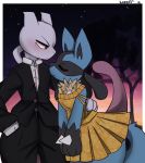  2019 3_fingers ambiguous_gender anthro better_version_at_source black_fur blue_fur blush canid canine classy clothed clothing dress duo eyes_closed felid feline fingers formal formal_wear fur hi_res legendary_pok&eacute;mon loppifi lucario mammal mewtwo night nintendo pok&eacute;mon pok&eacute;mon_(species) purple_skin red_eyes suit sunset tree video_games yellow_fur 