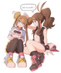  2girls ankea_(a-ramo-do) bangs baseball_cap black_vest black_wristband blue_eyes blush breasts brown_hair commentary_request double_bun full_body hair_between_eyes hat hat_removed headwear_removed highres knees_up long_hair long_sleeves looking_at_another mei_(pokemon) multiple_girls no_hat no_headwear open_mouth pantyhose petting pokemon pokemon_(game) pokemon_bw pokemon_bw2 ponytail shirt shorts sidelocks simple_background sitting smile thighs touching touko_(pokemon) translation_request vest white_background yellow_shorts yuri 