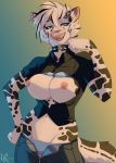  2019 alicia_(northwynd) anthro breasts clothed clothing collar exposed_breasts felid feline female hi_res leokingdom licking licking_lips looking_at_viewer mammal nipples pantherine self_lick snow_leopard solo spiked_collar spikes standing tongue tongue_out unzipped 