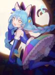  1girl :d animal_ear_fluff animal_ears blue_footwear blue_gloves blue_hair blue_headwear blue_shirt boots braid cat_ears cat_tail cure_cosmo earrings elbow_gloves extra_ears gloves hat highres jewelry long_hair looking_at_viewer magical_girl mini_hat mini_top_hat multicolored multicolored_clothes multicolored_skirt open_mouth orange_eyes precure rainbow_skirt shadow shirt skirt sleeveless sleeveless_shirt smile solo spotlight star_twinkle_precure tail tail_ring tere thigh_boots thighhighs top_hat twin_braids yuni_(precure) 