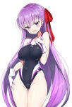  1girl absurdres ass_visible_through_thighs bb_(fate)_(all) bb_(fate/extra_ccc) black_swimsuit competition_swimsuit cowboy_shot fate/grand_order fate_(series) gloves groin hair_ribbon highleg highleg_swimsuit highres ichi-jirushi long_hair looking_at_viewer one-piece_swimsuit purple_eyes purple_hair red_ribbon ribbon simple_background smile solo standing swimsuit v-shaped_eyebrows white_background white_gloves 