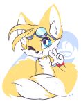  anthro black_nose blue_eyes canid canine clothing dipstick_tail eyewear fox fur gloves goggles handwear kittenpawprints male mammal miles_prower multicolored_tail one_eye_closed smile solo sonic_(series) video_games white_fur wink yellow_fur 