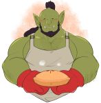  2019 apron arm_hair beard black_hair blush clothing eyes_closed facial_hair food green_skin hair humanoid male muscular muscular_male orc oven_mitts pecs pie ponytail seintaur smile tusks 