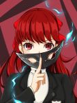  1girl black_jacket floating_hair highres holding holding_mask jacket long_hair looking_at_viewer mask muginon5 persona persona_5 persona_5_the_royal portrait red_eyes red_hair solo sweater turtleneck turtleneck_sweater upper_body white_sweater yoshizawa_kasumi 