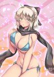 1girl between_thighs bikini black_bow black_scarf blonde_hair blue_bikini bow breasts commentary_request cowboy_shot fate/grand_order fate_(series) half_updo highres koha-ace large_breasts looking_at_viewer okita_souji_(fate) okita_souji_(fate)_(all) petals scarf short_hair side-tie_bikini signature solo swimsuit takecha yellow_eyes 