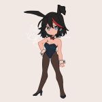  1girl animal_ears bangs black_footwear black_hair black_legwear black_leotard blue_eyes bow bowtie breasts bright_pupils bunny_ears bunny_tail bunnysuit cleavage closed_mouth commentary detached_collar fake_animal_ears fake_tail frown grey_background hand_on_hip high_heels highres kill_la_kill leotard looking_at_viewer mankanshoku_mako matoi_ryuuko medium_breasts mittsun multicolored_hair outline pantyhose red_neckwear short_hair solo standing strapless strapless_leotard streaked_hair tail twitter_username two-tone_hair white_pupils wrist_cuffs 