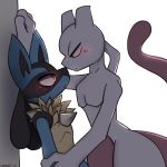  1:1 2019 3_fingers against_wall ambiguous_gender anthro anthro_on_anthro better_version_at_source black_fur blue_fur blush canid canine caress duo eye_contact felid feline fingers fur hi_res legendary_pok&eacute;mon looking_at_another loppifi lucario mammal mewtwo nintendo pok&eacute;mon pok&eacute;mon_(species) purple_skin red_eyes simple_background video_games white_background yellow_fur 