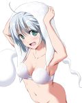  1girl ahoge arms_up bangs bare_arms bare_shoulders blush bottomless bra breasts cleavage collarbone commentary_request cowboy_shot eyebrows_visible_through_hair green_eyes groin hair_between_eyes highres hitodama konpaku_youmu konpaku_youmu_(ghost) looking_at_viewer medium_breasts nori_tamago open_mouth out-of-frame_censoring short_hair silver_hair simple_background solo standing touhou towel towel_on_head underwear white_background white_bra 