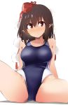  1girl bangs bare_arms bare_shoulders blue_swimsuit breasts brown_hair cameltoe collarbone cowboy_shot eyebrows_visible_through_hair hair_between_eyes hat kamukamu_(ars) large_breasts looking_at_viewer one-piece_swimsuit pointy_ears pom_pom_(clothes) red_eyes shadow shameimaru_aya short_hair simple_background sitting solo spread_legs swimsuit tassel thighs tokin_hat touhou white_background 