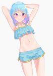  1girl aikatsu!_(series) aikatsu_friends! armpits arms_behind_head arms_up bangs bare_arms bare_shoulders bikini_top blue_bikini_top blue_hair blue_shorts blush closed_mouth collarbone commentary_request eyebrows_visible_through_hair gradient_hair grey_background highres k_mugura looking_at_viewer minato_mio mouth_hold multicolored_hair navel purple_eyes purple_hair short_shorts shorts simple_background solo standing 