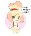  2018 animal_crossing anthro blush breasts canid canine canis clothed clothing domestic_dog english_text female fur hair half-closed_eyes isabelle_(animal_crossing) mammal nintendo nipples open_mouth panties partially_clothed shih_tzu simple_background solo speech_bubble text toy_dog underwear vallycuts video_games yellow_fur 