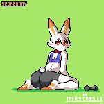 1:1 ambiguous_gender animated anthro barefoot butt clothed clothing fur green_background hi_res james_cabello lagomorph mammal nintendo pixelated pok&eacute;mon pok&eacute;mon_(species) presenting presenting_hindquarters scorbunny simple_background smile solo video_games wariza weights white_fur 