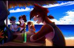  anthro beach beverage bikini breasts canid canine clothed clothing dragon felid feline female group hakkids2 male mammal open-mout outside seaside sitting smile standing swimwear 