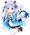  1girl animal_ear_fluff animal_ears apron argyle argyle_kimono bangs blue_eyes blue_flower blue_hair blue_ribbon blue_skirt boots brown_footwear cat_ears cat_girl cat_tail eyebrows_visible_through_hair flower frilled_apron frilled_skirt frills gochuumon_wa_usagi_desu_ka? green_flower hair_between_eyes hair_flower hair_ornament hair_ribbon hands_up high_heel_boots high_heels highres kafuu_chino long_hair long_sleeves maid_apron maid_headdress paw_pose pleated_skirt ratryu ribbon skirt solo standing standing_on_one_leg tail thighhighs two_side_up very_long_hair wa_maid white_apron white_background white_legwear wide_sleeves x_hair_ornament 