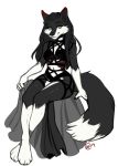  2019 anthro barefoot black_fur black_hair black_nose canid canine canis clothed clothing digital_media_(artwork) domestic_dog female fur green_eyes hair husky kaitycuddle mammal nordic_sled_dog simple_background sitting solo spitz white_background white_fur 
