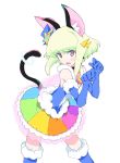  1boy animal_ears blonde_hair cat_ears cat_tail crossdressing dress earrings frills gloves gothic green_hair half_gloves jewelry lio_fotia otakebi otoko_no_ko paw_pose promare simple_background star tail white_background 