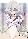  1girl :o blue_eyes blush bottomless breasts eyebrows_visible_through_hair hair_between_eyes hair_ribbon half-closed_eyes jet_yowatari konno_junko looking_at_viewer low_twintails navel open_mouth out-of-frame_censoring ribbon shirt short_sleeves silver_hair small_breasts solo spread_legs stomach tan tanline twintails white_shirt zombie_land_saga 