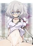  1girl :o bespectacled blue_eyes blush bottomless breasts cum cum_on_body cum_on_breasts cum_on_hair cum_on_upper_body ejaculation eyebrows_visible_through_hair glasses hair_between_eyes hair_ribbon half-closed_eyes jet_yowatari konno_junko looking_at_viewer low_twintails navel open_mouth out-of-frame_censoring ribbon shirt short_sleeves silver_hair small_breasts solo spread_legs stomach tan tanline twintails white-framed_eyewear white_shirt zombie_land_saga 