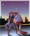  anthro canid canine clothed clothing duo eyes_closed female fox hi_res lagomorph leporid mammal outside rabbit sheenny sitting sky star starry_sky 