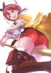  1girl :d atelier_(series) atelier_ryza brown_eyes brown_hair brown_legwear commentary_request hat highres jugatukumao looking_at_viewer open_mouth red_shorts reisalin_stout short_hair short_shorts shorts simple_background smile solo teeth thighhighs thighs upper_body white_background white_headwear white_legwear 
