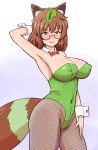  1girl animal_ears armpits blush breasts brown_eyes brown_hair cleavage covered_navel covered_nipples eyebrows_visible_through_hair fishnets futatsuiwa_mamizou glasses gradient gradient_background groin hand_on_thigh highres large_breasts leaf leaf_on_head leotard looking_at_viewer nek3124 pantyhose parted_lips raccoon_ears raccoon_tail shiny shiny_clothes shiny_hair shiny_skin short_hair simple_background smile solo tail tanuki teeth touhou 