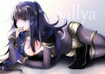  1girl bangs black_hair black_nails blue_eyes blunt_bangs bodysuit bracelet breasts character_name cleavage covered_navel covering_mouth detached_collar eyebrows_visible_through_hair fire_emblem fire_emblem_awakening jewelry kanzaki_shion_(ichigopanikku) long_hair looking_at_viewer lying medium_breasts on_stomach pelvic_curtain solo taut_clothes tharja thighlet tiara twintails 