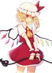  1girl ascot bangs blonde_hair bow commentary_request cowboy_shot crystal flandre_scarlet frilled_shirt_collar frills hair_between_eyes hat hat_bow holding honotai laevatein long_hair looking_at_viewer miniskirt mob_cap one_side_up parted_lips petticoat pointy_ears puffy_short_sleeves puffy_sleeves red_bow red_eyes red_skirt red_vest shirt short_sleeves simple_background skirt skirt_set smile solo standing touhou vest white_background white_headwear white_shirt wings wrist_cuffs yellow_neckwear 