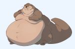  2019 anthro belly belly_overhang big_belly brown_fur catarsi chubby_cheeks claws double_chin eyes_closed fur gesture hi_res lutrine male mammal moobs morbidly_obese mustelid navel nude obese obese_male overweight overweight_male smile solo standing thick_tail thick_thighs toe_claws waving wide_hips 