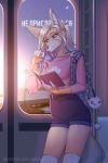  2019 anthro blonde_hair canid canine clothed clothing day detailed_background female fox fur hair hi_res inside mammal orange_fur reading smile solo tiwwas window 