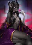  2019 5_fingers abs anthro aomori black_hair black_nose breasts canid canine clothed clothing detailed_background digital_media_(artwork) female fingers fur grey_fur hair horn hybrid looking_at_viewer mammal nude sitting solo topless 