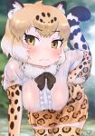  1girl animal_ears animal_print black_hair black_neckwear blush bow bowtie breasts brown_eyes closed_mouth commentary_request covered_nipples cowboy_shot day elbow_gloves eyebrows_visible_through_hair eyelashes fur_collar furrowed_eyebrows gloves hand_on_hip hanging_breasts high-waist_skirt highres jaguar_(kemono_friends) jaguar_ears jaguar_print jaguar_tail kemono_friends leaning_forward light_smile long_hair masuyama_ryou medium_breasts multicolored_hair nipples no_bra outdoors print_legwear print_skirt see-through shirt short_hair short_sleeves skirt solo tail thighhighs water wavy_mouth wet wet_clothes wet_hair wet_shirt white_hair white_shirt zettai_ryouiki 