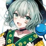  1girl :3 :d bangs black_choker black_headwear blush choker commentary_request daimaou_ruaeru eyebrows_visible_through_hair floral_print frilled_shirt_collar frills green_eyes green_hair hair_between_eyes hands_up heart heart_choker heart_of_string highres komeiji_koishi looking_at_viewer open_mouth portrait shirt short_hair simple_background smile solo third_eye touhou white_background yellow_shirt 