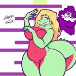  1:1 alligator alligatorid belly big_breasts big_butt big_stomach blonde_hair breasts butt clothed clothing convenient_censorship crocodilian eyelashes female gift guayo hair matzzacre pussy reptile scalie simple_background smile thick_thighs 