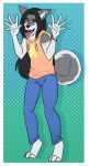  2019 anthro barefoot black_hair black_nose blue_eyes bottomwear canid canine canis clothed clothing domestic_dog eyebrows fully_clothed fur grey_(character) grey_fur hair husky jazz_hands jeans long_hair male mammal multicolored_fur nordic_sled_dog open_mouth pants raised_eyebrow scarlet-frost shirt solo spitz tongue tongue_out topwear two_tone_fur 