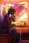  absurd_res anthro cafe clothed clothing equid feathered_wings feathers fur hair hakkids2 hi_res horn inside looking_at_viewer male mammal milkshake sitting solo winged_unicorn wings 