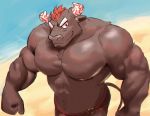  2019 absurd_res barazoku beach bovid bovine brown_fur bulge cattle clothing episode0006 eyebrows fur gyumao hi_res male mammal muscular muscular_male nipples pecs red_eyes seaside smile solo soul_patch swimwear tokyo_afterschool_summoners video_games 