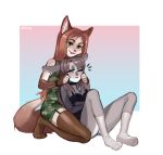  5_fingers brown_hair clothed clothing duo felid feline female fingers green_eyes hair hi_res kneeling lagomorph leporid mammal rabbit sheenny simple_background sitting smile 