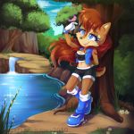  1:1 avian bird blue_eyes boots breasts brown_fur chipmunk cleavage clothed clothing cloud footwear fur ground_squirrel hair hi_res long_hair mammal metalpandora nature outside red_hair rodent sally_acorn sciurid sky solo sonic_(series) tree water 