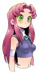  1girl aqua_eyes armband bangs bare_shoulders blush breasts cropped_torso gem green_sclera highres long_hair midriff navel oyatsu_(mk2) parted_bangs red_hair simple_background sleeveless small_breasts smile solo starfire teen_titans thick_eyebrows white_background 
